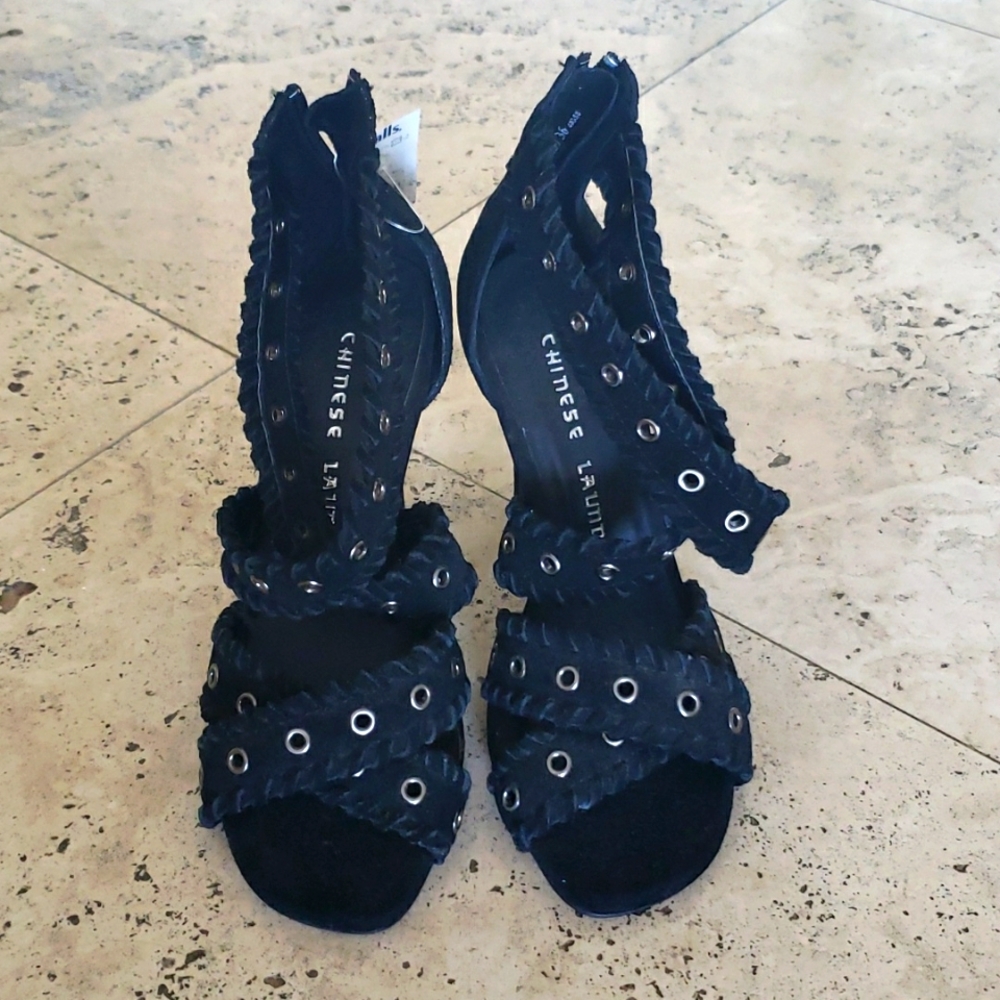 Suede criss cross studs sandal heels